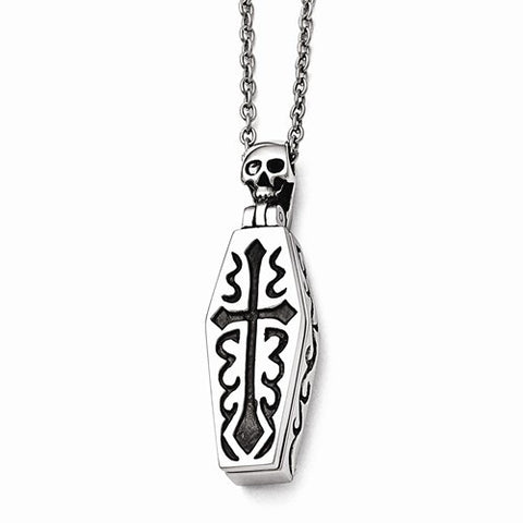 Stainless Steel Polished, Antiqued Coffin Skeleton Necklace