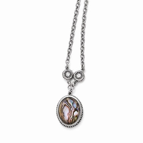 Stainless Steel Polished, Antiqued Synthetic Abalone, CZ Ext Necklace