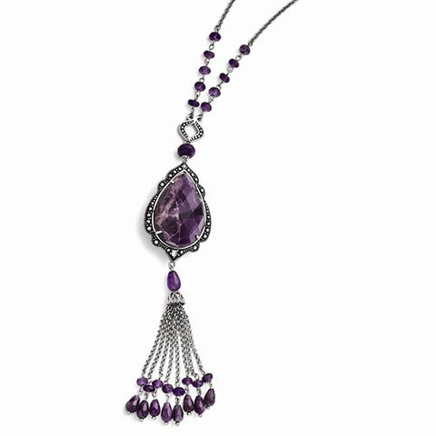 Stainless Steel Polished, Antiqued Amethyst, CZ Ext Reversible Necklac Necklace