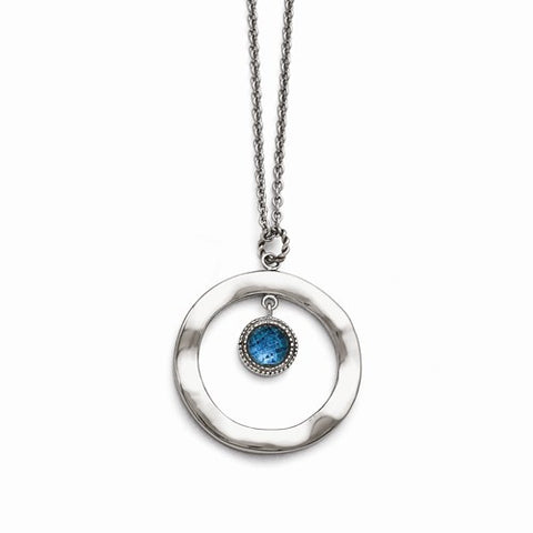 Stainless Steel Polished Blue Glass Circle Necklace