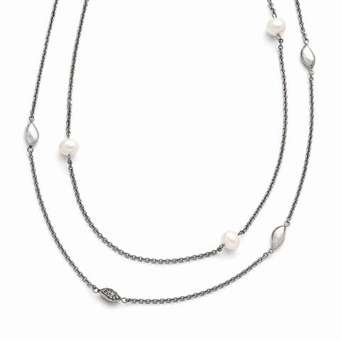 Stainless Steel Polished FW Cultured Pearls, CZ Ext Necklace