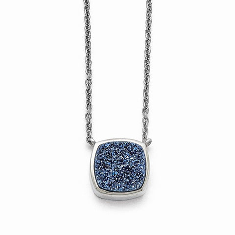 Stainless Steel Polished Blue Druzy Square Necklace