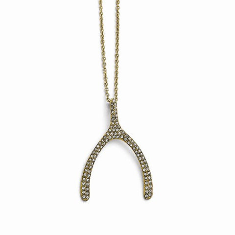 Stainless Steel Polished Yellow Pvd-Plated Crystal Wishbone Necklace