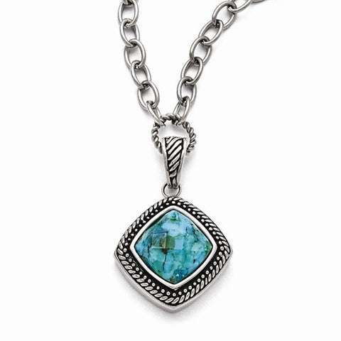 Stainless Steel Polished, Antiqued Imitation Turquoise Necklace