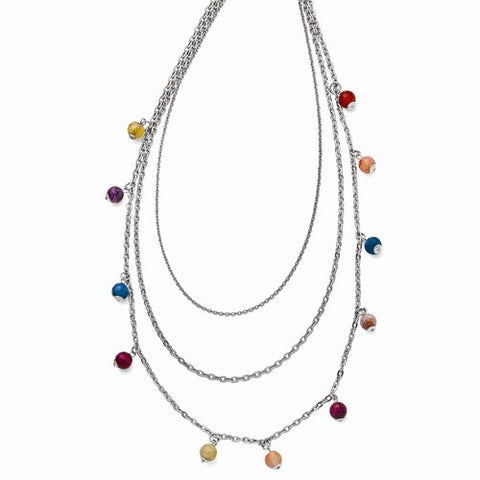 Stainless Steel Polished Multi Colored Agate-Strand Necklace