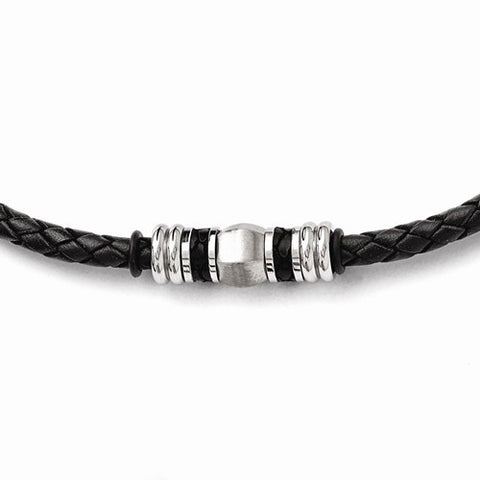 Stainless Steel Polished and Brushed Black Leather & Rubber Necklace