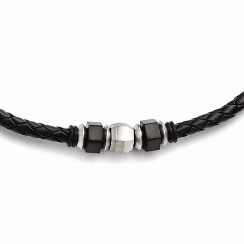 Stainless Steel Brushed Leather Black Ip-Plated & Rubber Necklace