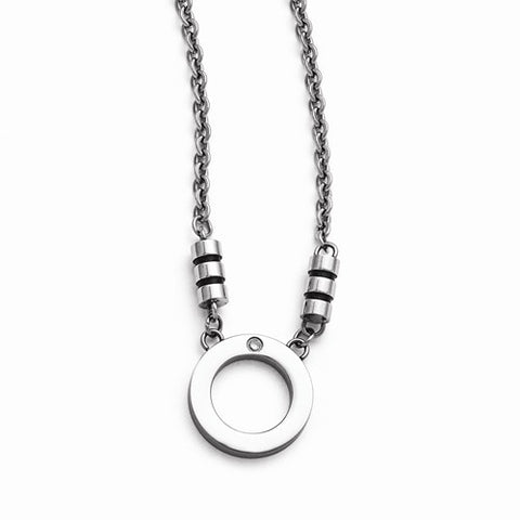 Stainless Steel Polished Black Enamel CZ Circle Necklace