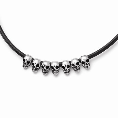 Stainless Steel Polished, Antiqued Skulls Black Leather Cord Necklace