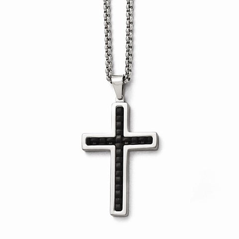 Stainless Steel Polished Black Genuine Leatherlay Cross Necklace