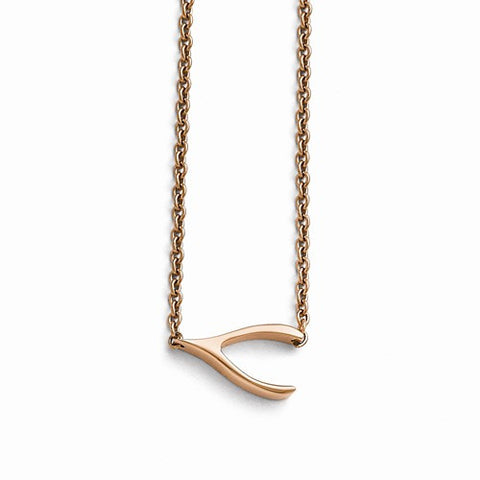 Stainless Steel Polished Rose Ip-Plated Sideways Wishbone Necklace