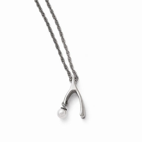 Stainless Steel Polished Wishbone Freshwater Cultured Pearl Necklace