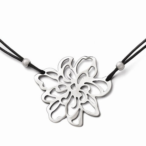 Stainless Steel Polished Flower Black Leather Cord Necklace