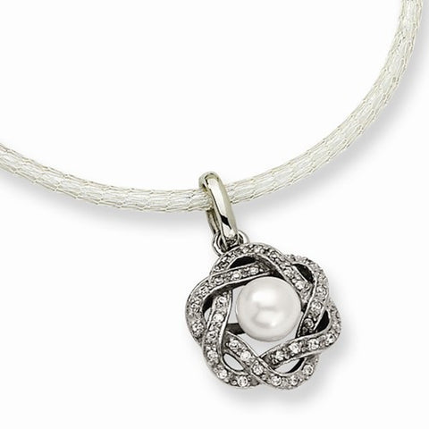 Stainless Steel Freshwated Cultured Pearl CZ Pendant On Necklace