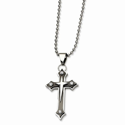 Stainless Steel Black Ip-Plated Cross CZ Pendant On Necklace