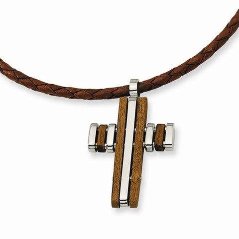 Stainless Steel Wood Accent Cross Pendant On Necklace