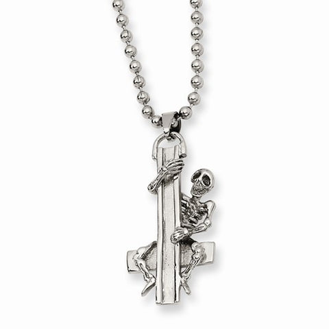 Stainless Steel Skeleton Hugging Cross Pendant On Necklace