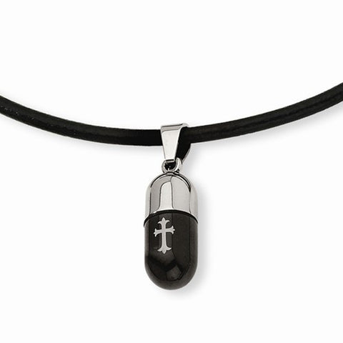 Stainless Steel Etched Black Ip-Plated Cross Capsule Necklace