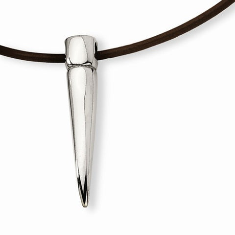 Stainless Steel Italian Horn Pendant Brown Cord Necklace