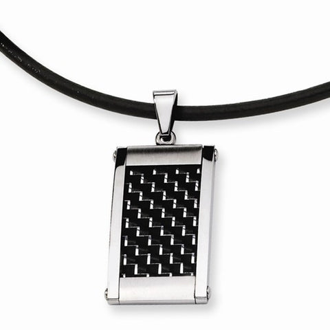 Stainless Steel Silver & Black Carbon Fiber Pendant On Necklace