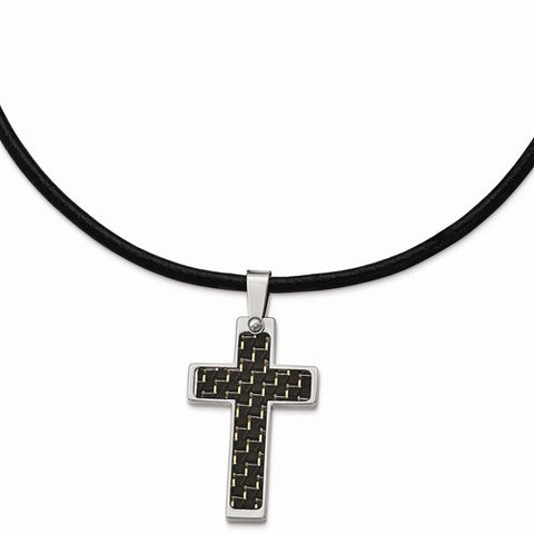 Stainless Steel Black Carbon Fiber Cross Pendant On Necklace