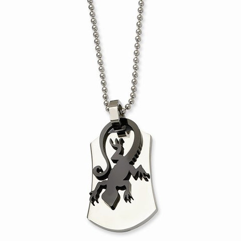 Stainless Steel Polished & Black Enamel Lizard Necklace