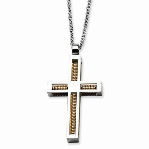 Stainless Steel Polished & Pink Ip-Plated Cross Necklace