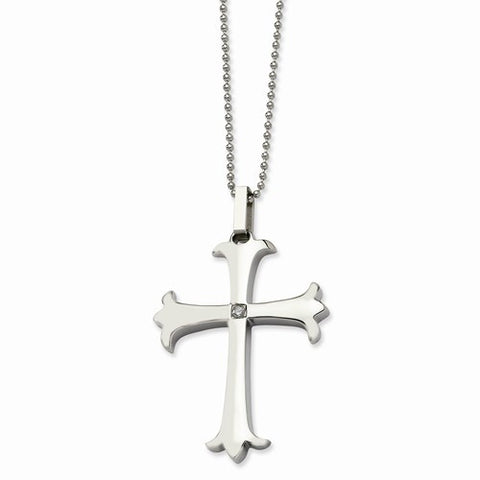 Stainless Steel Polished Cross CZ Pendant On Necklace