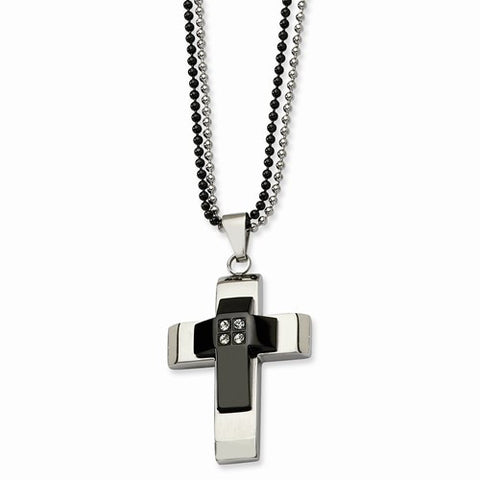 Stainless Steel Polished & Black Ip-Plated Cross CZs Necklace