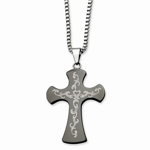 Stainless Steel Fancy Scroll Black-Plated Cross Pendant On Necklace