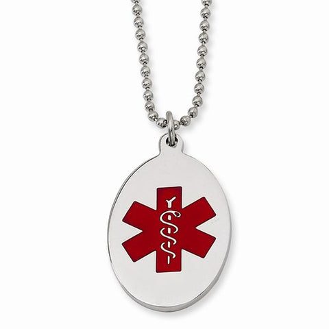 Stainless Steel Red Enamel Oval Medical Pendant Necklace