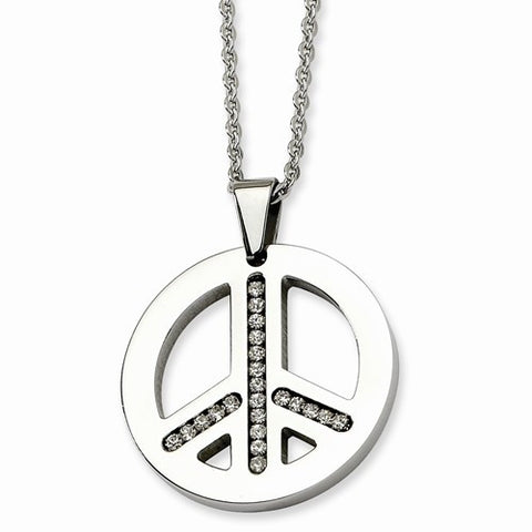 Stainless Steel Polished CZs Peace Symbol Necklace