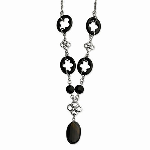 Stainless Steel Black Agate & Flowers Necklace