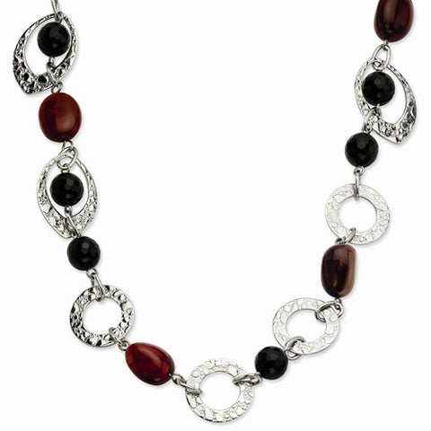 Stainless Steel Textured Ovals, Onyx & Ocean Stone Necklace