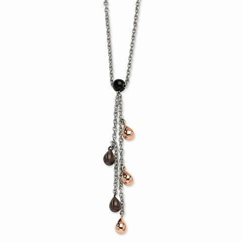 Stainless Steel Rose & Brown Ip Plated Teardrops Y Necklace