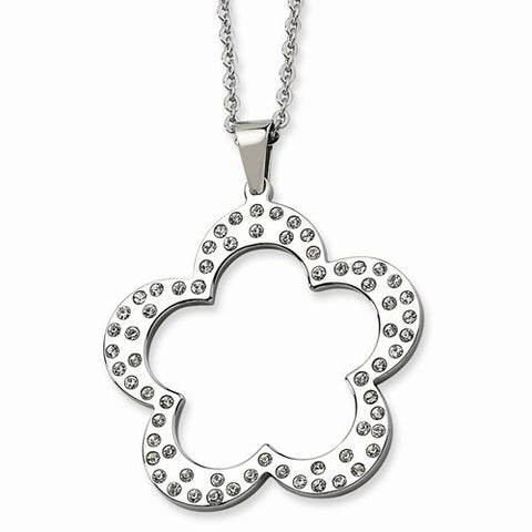 Stainless Steel Polished Flower CZs Pendant On Necklace