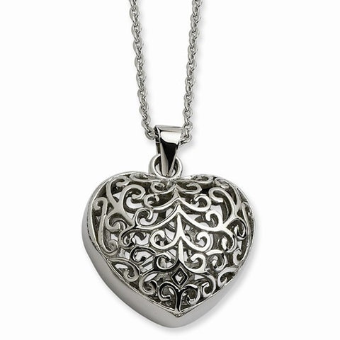 Stainless Steel Filigree Puffed Heart Pendant On Necklace