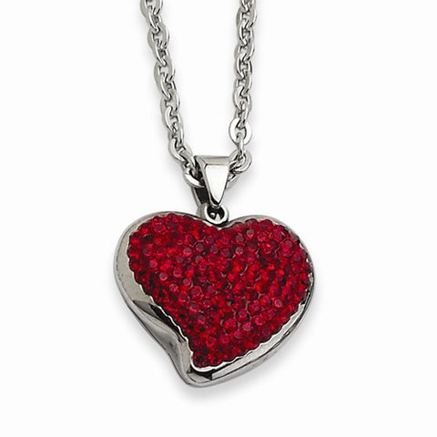 Stainless Steel Red Crystal Heart Pendant On Necklace