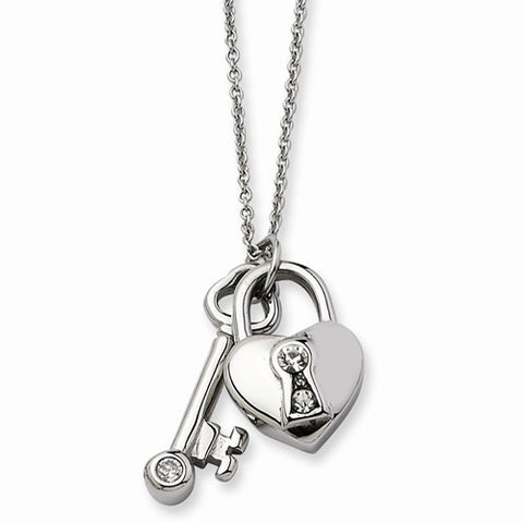 Stainless Steel Heart Lock & Key CZ Necklace