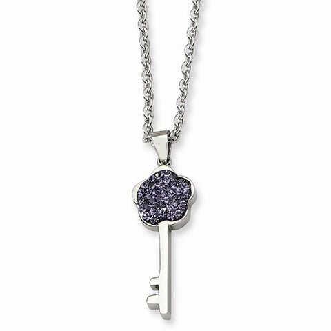 Stainless Steel Purple Crystal Key Pendant On Necklace