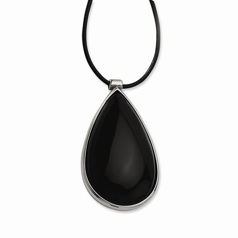 Stainless Steel Black Glass Teardrop Necklace