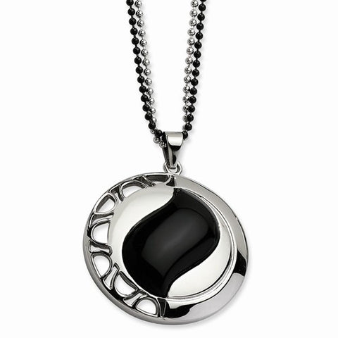 Stainless Steel Polished & Black Onyx Pendant On Necklace