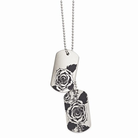 Stainless Steel Wired Rose Dog Tag Necklace