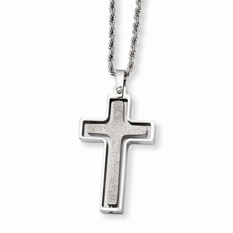 Stainless Steel Polished & Laser Cut Cross Pendant On Necklace