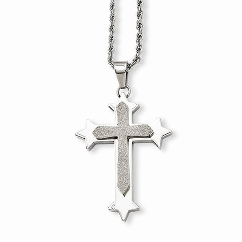 Stainless Steel Polished & Laser Cut Cross Pendant On Necklace