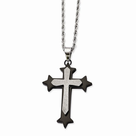 Stainless Steel Ip Black-Plated Laser Cut Cross Necklace