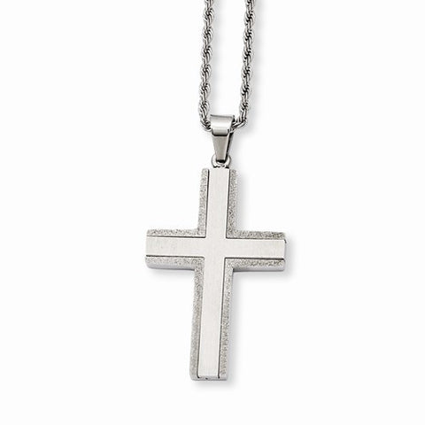 Stainless Steel Laser Cut Edges Cross Pendant On Necklace