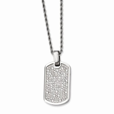 Stainless Steel Fancy CZ Dog Tag Pendant On Necklace