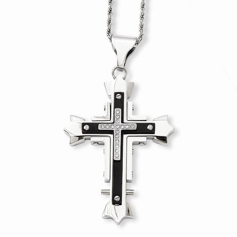 Stainless Steel Ip Black-Plated CZs Cross Pendant On Necklace