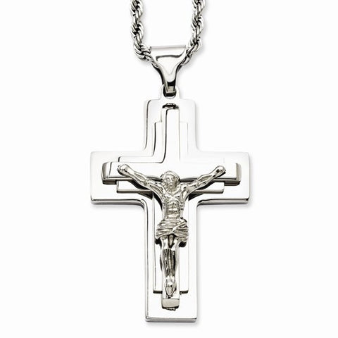 Stainless Steel Polished Crucifix Pendant On Necklace